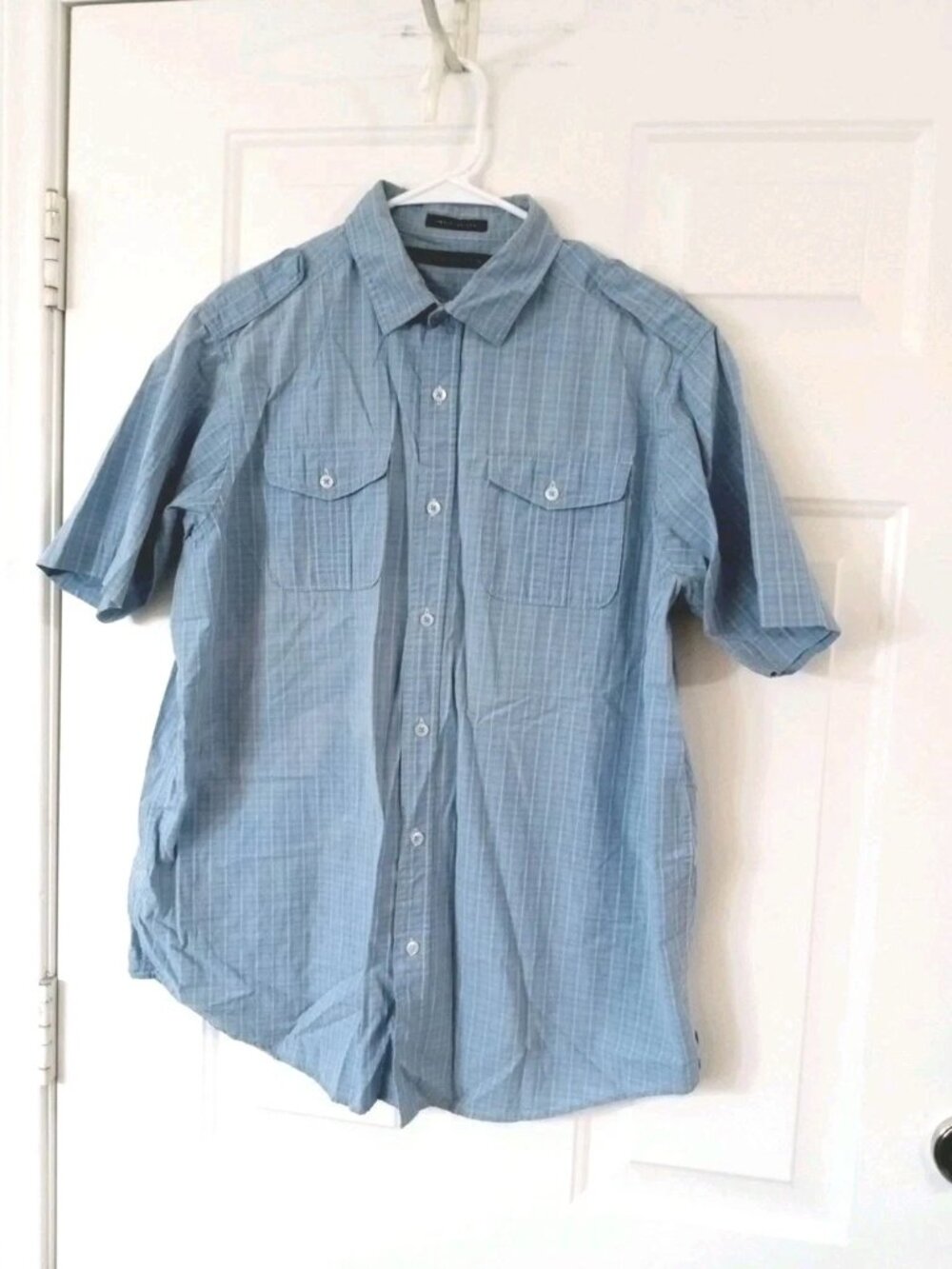 Sean John Mens Large Original Fit Light Blue Plaid Short Sleeve Button Up Shirt